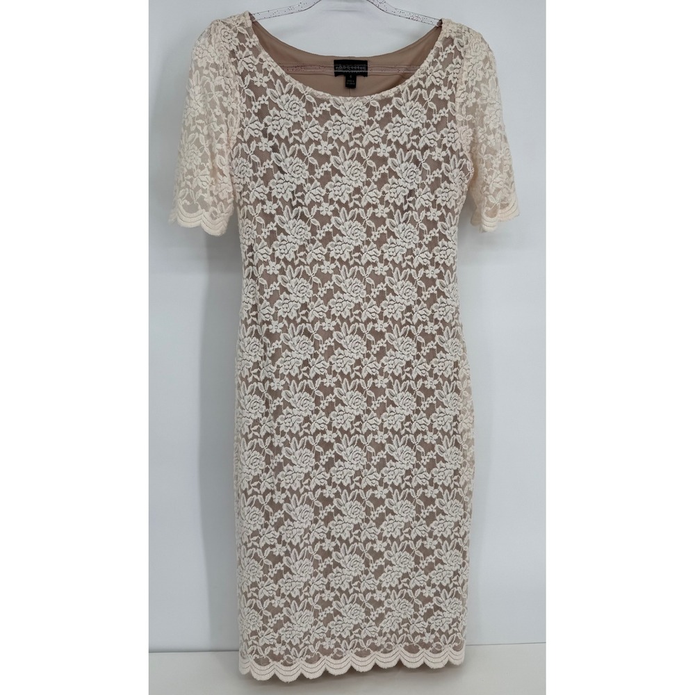 Connected Apparel Women Sz 6 Cream Floral Lace‎ Sheath Dress Scalloped Short Slv